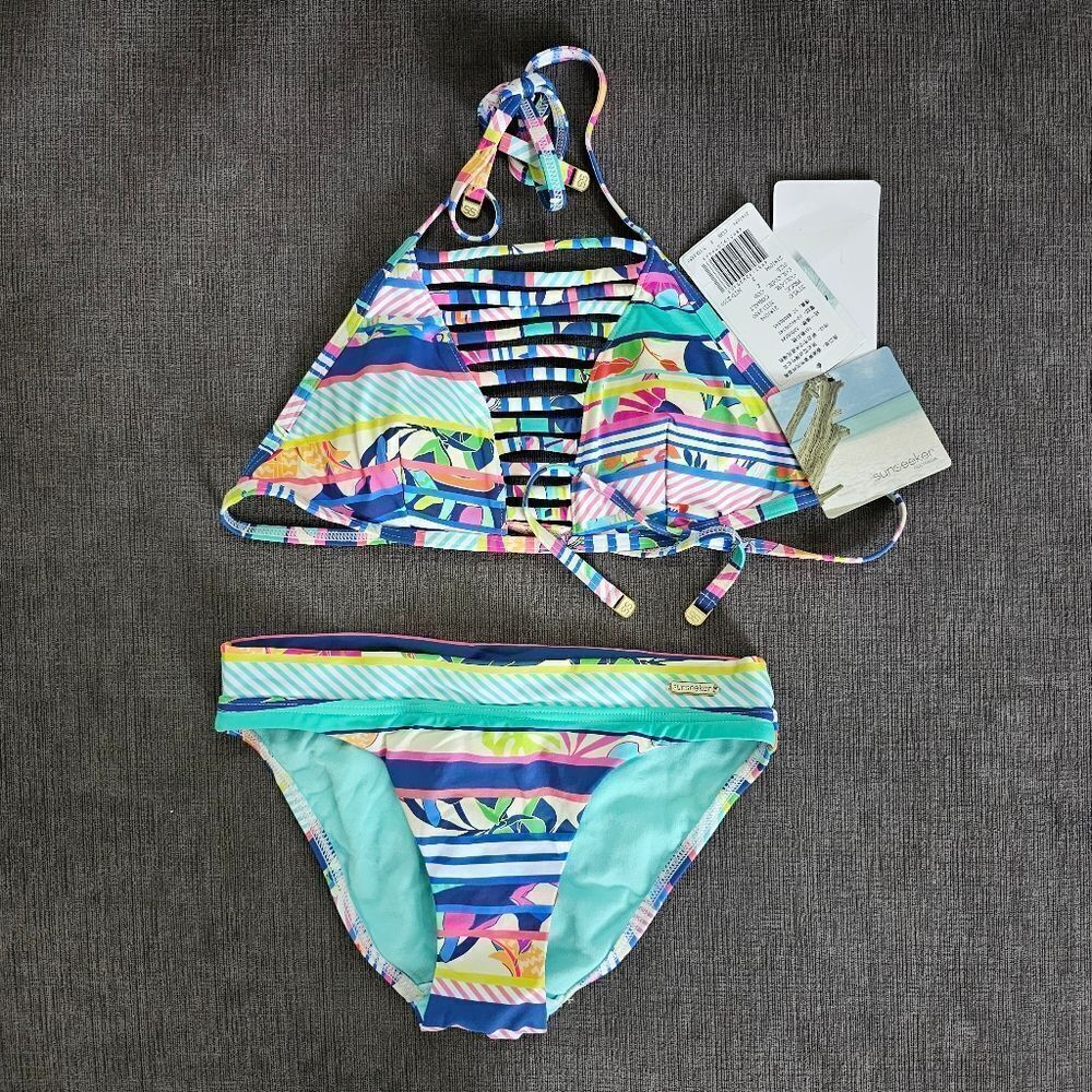 Sunseeker Australia Halter Strappy top Bikini 2 piece Swimsuit classic mid rise